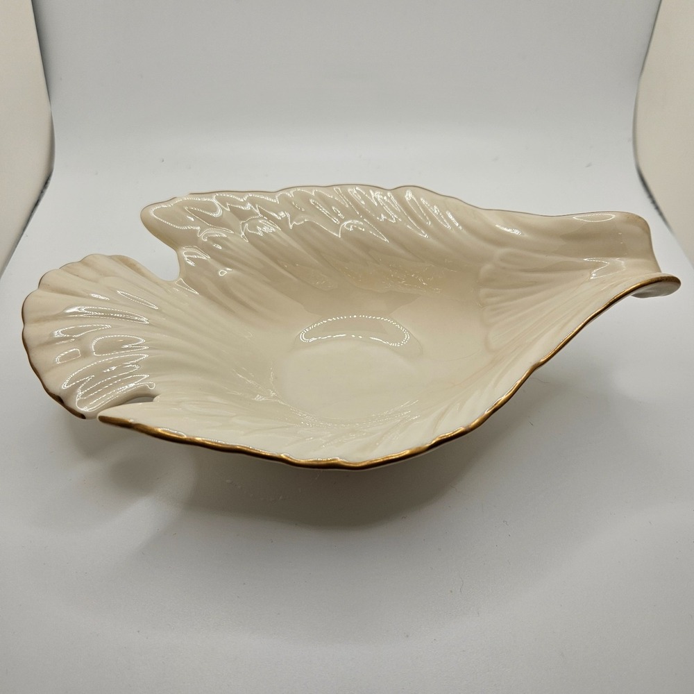 Lenox Ivory Porcelain Leaf Dish Bowl w/‎ 24K Gold Trim • USA Made • Serving Dish